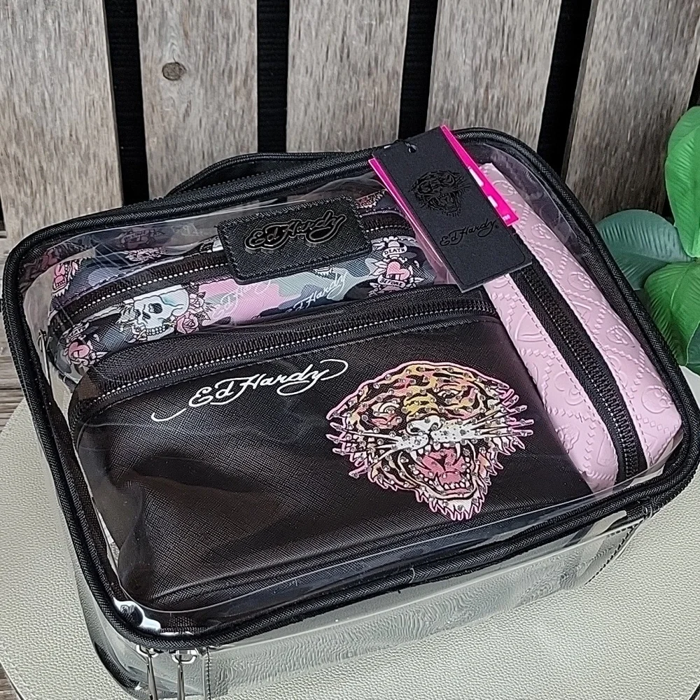 Ed Hardy Tiger Clear Cosmetic Bag Set in Black and Pink Set Of 4 - Picture 5 of 6